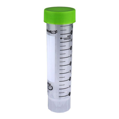 Clear plastic tube with green cap on a white background