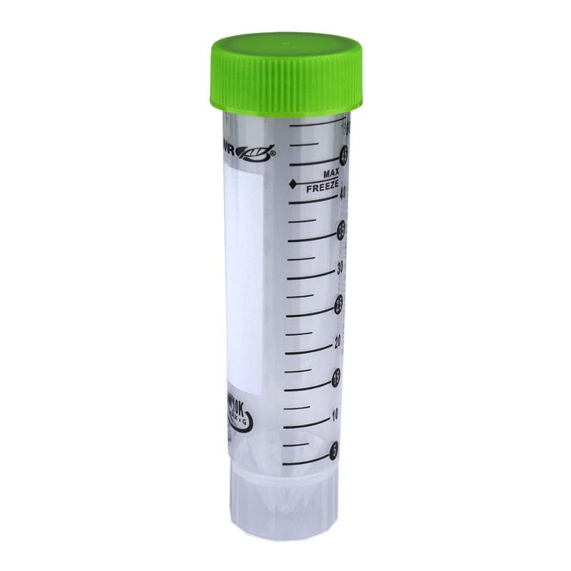 Clear plastic tube with green cap on a white background