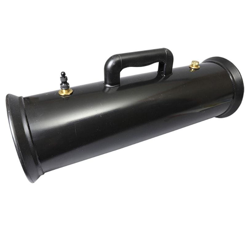 Black cylindrical propane tank with handle on a white background