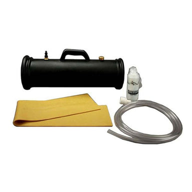Black metal tank, yellow cloth, white pump, and clear hose on a white background