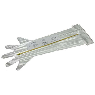 Plastic gloves with a yellow stick on a white background