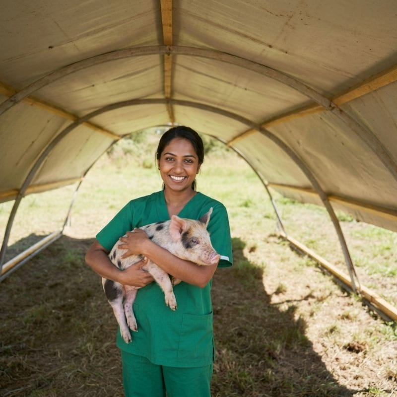 A smiling woman in green scrubs holds a small pig under a fabric-covered arched structure outdoors.
