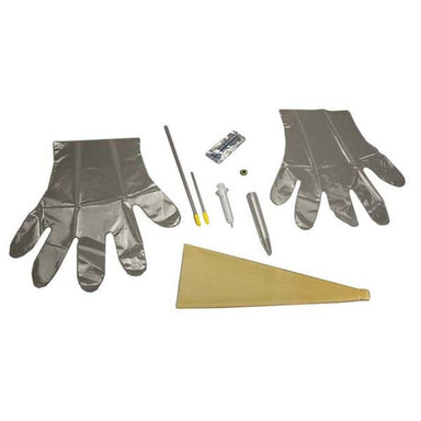 black gloves and sticks with a yellow bag 