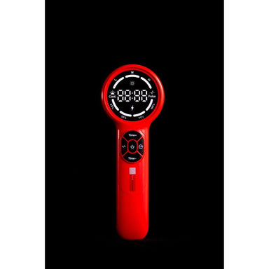Red handheld device with digital display on a black background