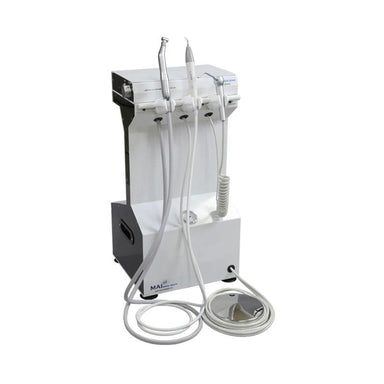 A white and black dental operatory unit with multiple handpieces, flexible tubes, and a suction hose, shown on a plain white background.