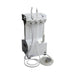 A white and black dental operatory unit with multiple handpieces, flexible tubes, and a suction hose, shown on a plain white background.