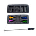 A 5-in-1 tattoo pen kit shown with its black foam storage case and included tools on a white background. The kit includes a silver metal pen with a black handle, four colorful anodized tip attachments in orange, yellow, blue, and green, and several silver needle cartridges.