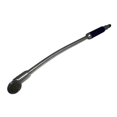 A flexible metal garden hose nozzle with a round spray head and a dark blue grip handle, shown on a plain white background.