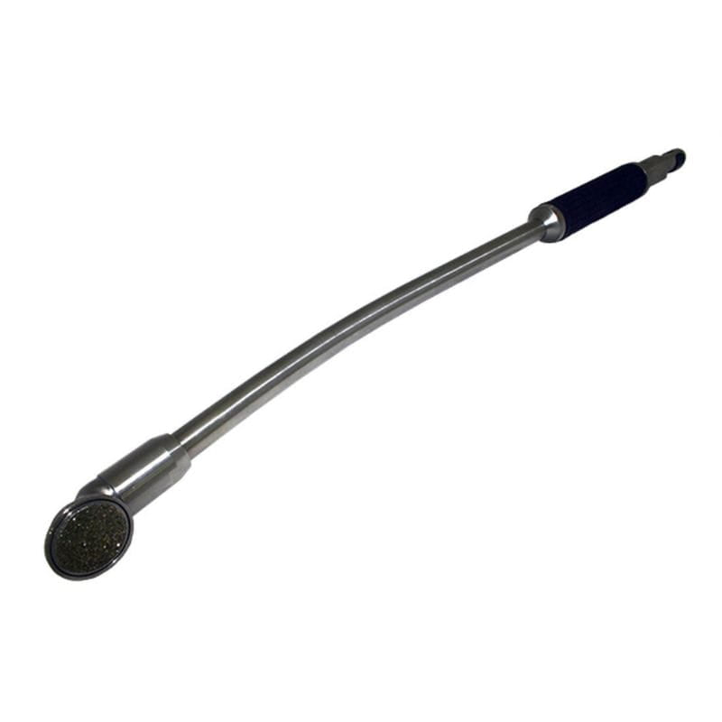 A flexible metal garden hose nozzle with a round spray head and a dark blue grip handle, shown on a plain white background.