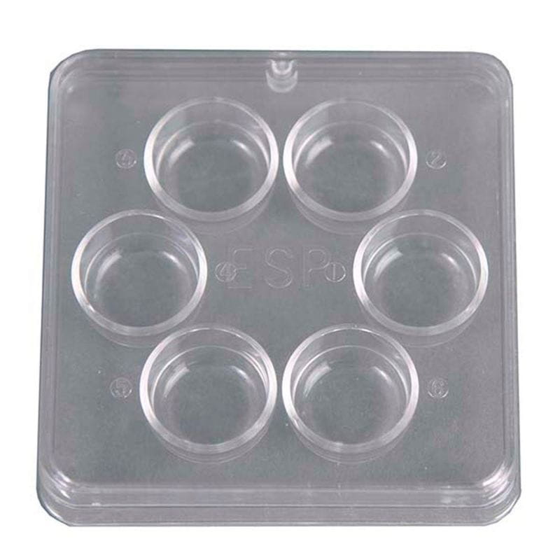 Clear plastic mold with six circular cavities on a white background