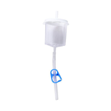White plastic container with a blue clip on a white background