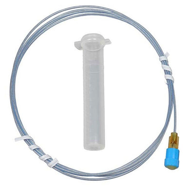Clear plastic container with a tube and blue connector on a white background