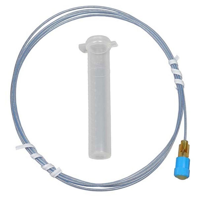 Clear plastic container with a tube and blue connector on a white background
