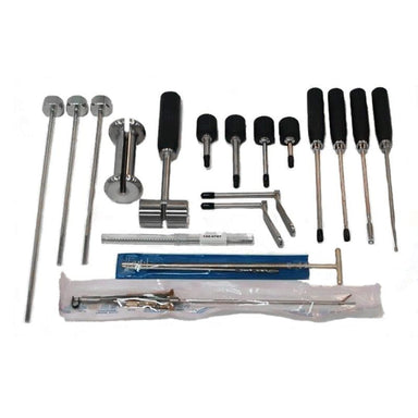 Collection of various tools including screwdrivers and a metal rod on a white background