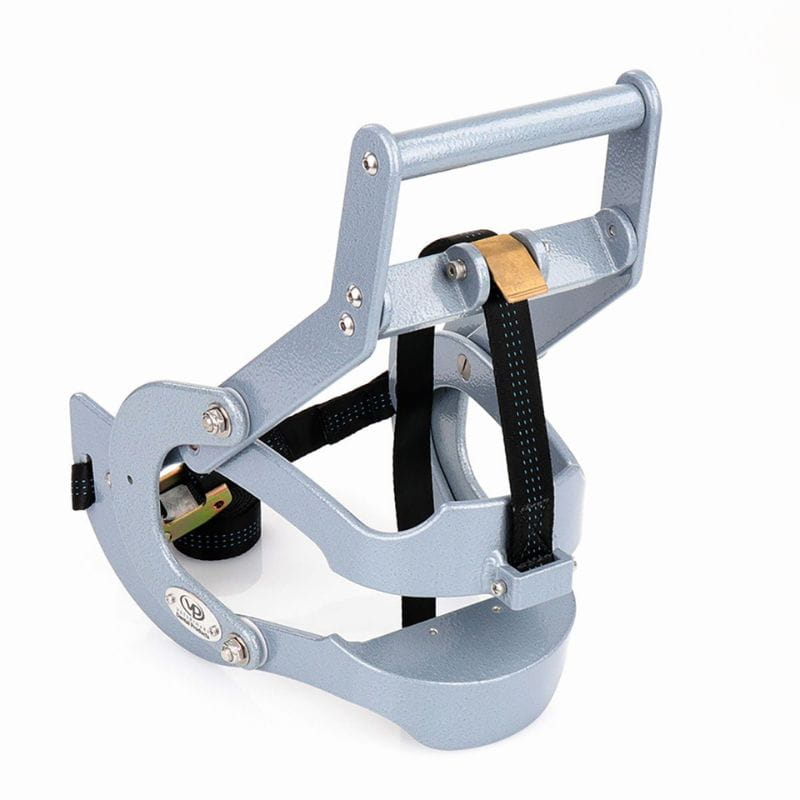 Veterinary tool with black straps on white blackground