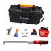 A Milwaukee-branded pneumatic impact wrench kit laid out on a white background, including a black carrying case with orange handle, the red and black impact wrench, a battery, charger, wrenches, and other included accessories.