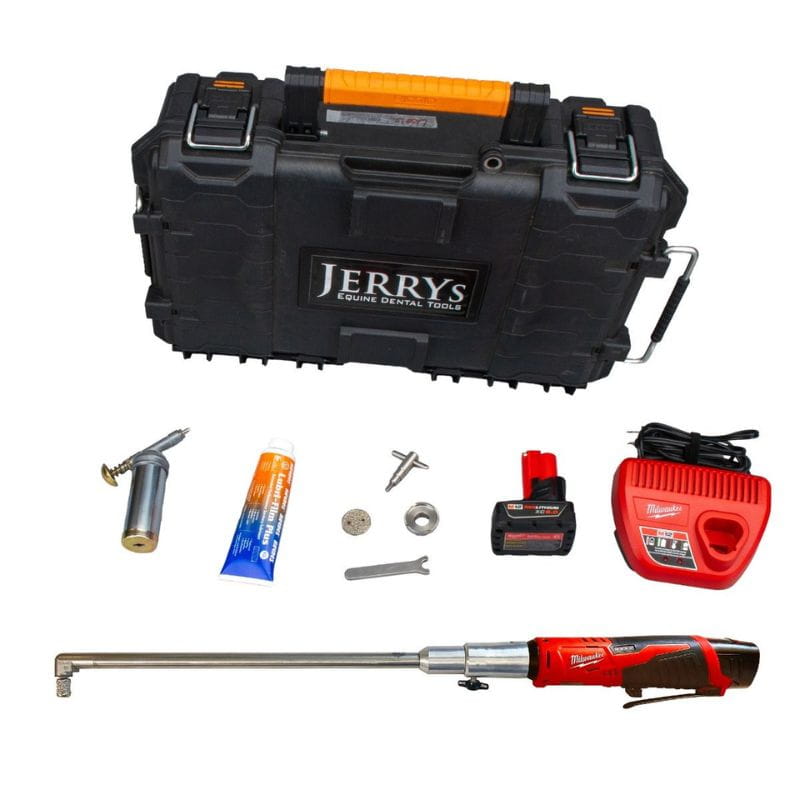 A Milwaukee-branded pneumatic impact wrench kit laid out on a white background, including a black carrying case with orange handle, the red and black impact wrench, a battery, charger, wrenches, and other included accessories.