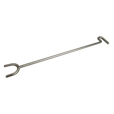 Metal tool with a long handle and curved ends on a white background