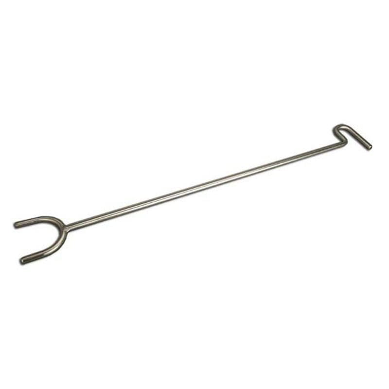 Metal tool with a long handle and curved ends on a white background