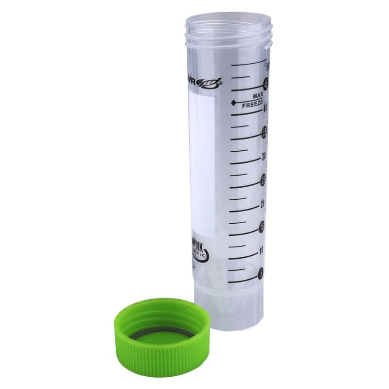 Clear plastic container with green lid on a white background