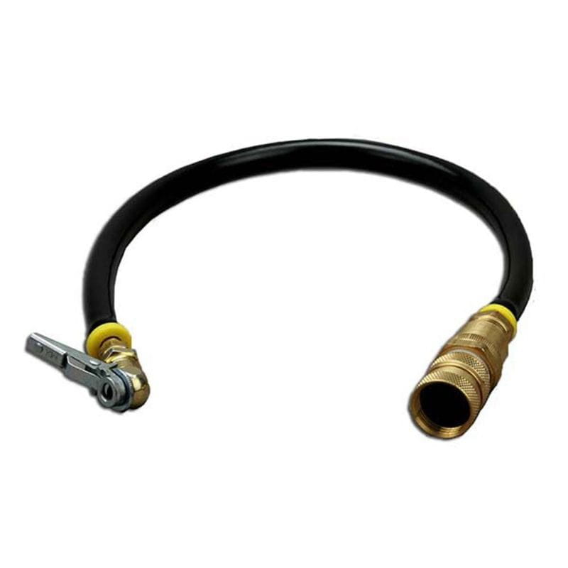 Black pressure washer hose with brass nozzle on a white background