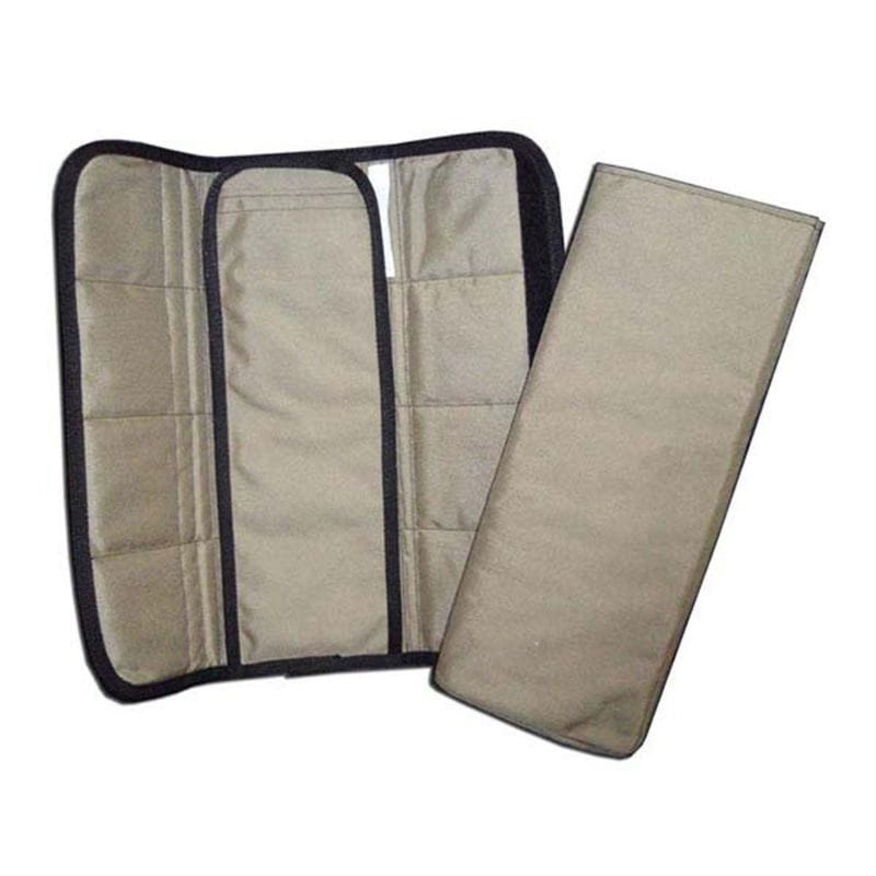 Beige travel organizer with a black border on a white background