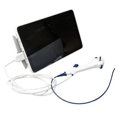 A digital endoscope camera system with a white tablet-like screen, white and blue handheld probe, and attached white cable on a plain white background.