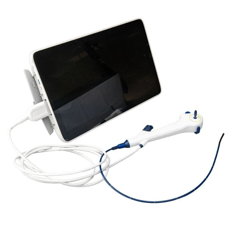 A digital endoscope camera system with a white tablet-like screen, white and blue handheld probe, and attached white cable on a plain white background.