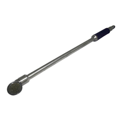 A long metal torque wrench with a silver shaft, a dark blue textured handle grip, and a round adjustment head, shown on a plain white background.