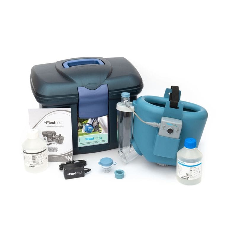 Equine nebulizer set including a blue machine, bottles, and a carrying case on a white background