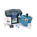Equine nebulizer set including a blue machine, bottles, and packaging on a white background