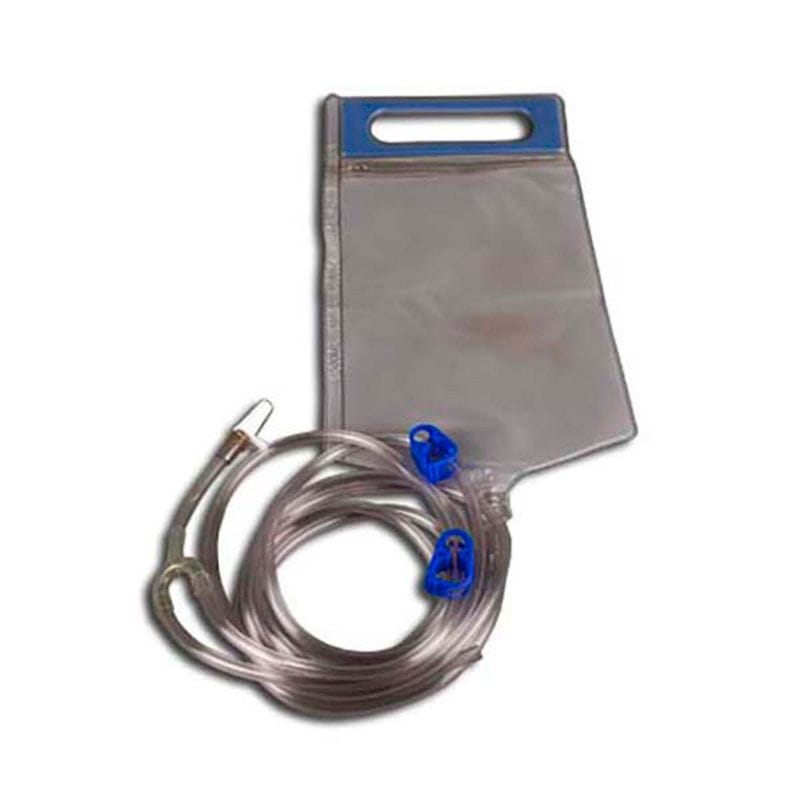 Clear plastic bag with blue clips and clear tubing on a white background