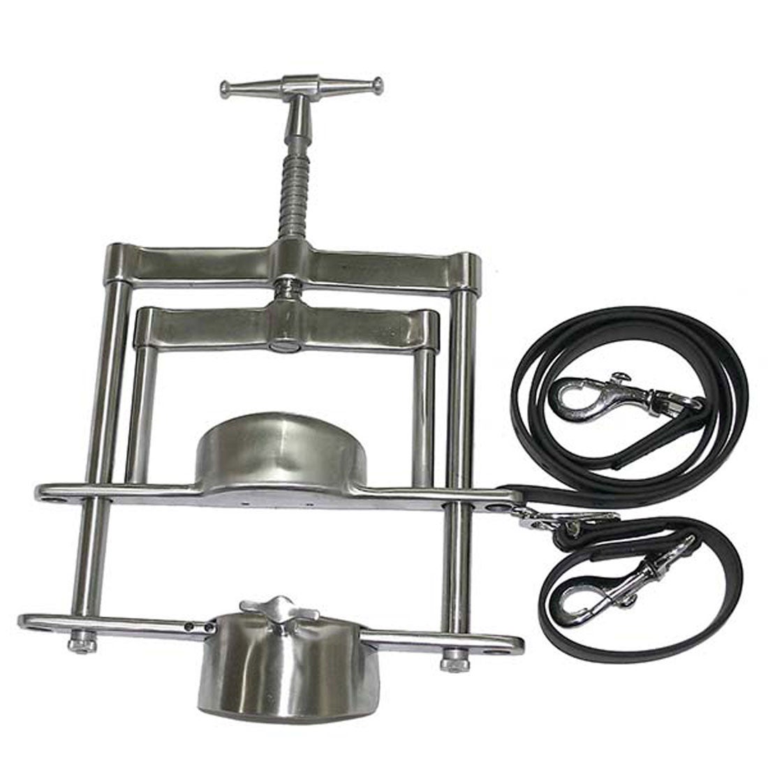 Metal press tool with a hose and clamps on a white background
