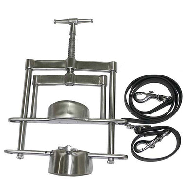 Metal press tool with a hose and clamps on a white background