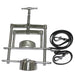 Metal press tool with a hose and clamps on a white background