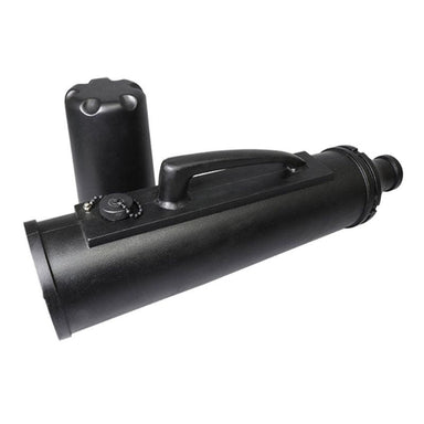 Black handheld device with cylindrical body and handle on a white background