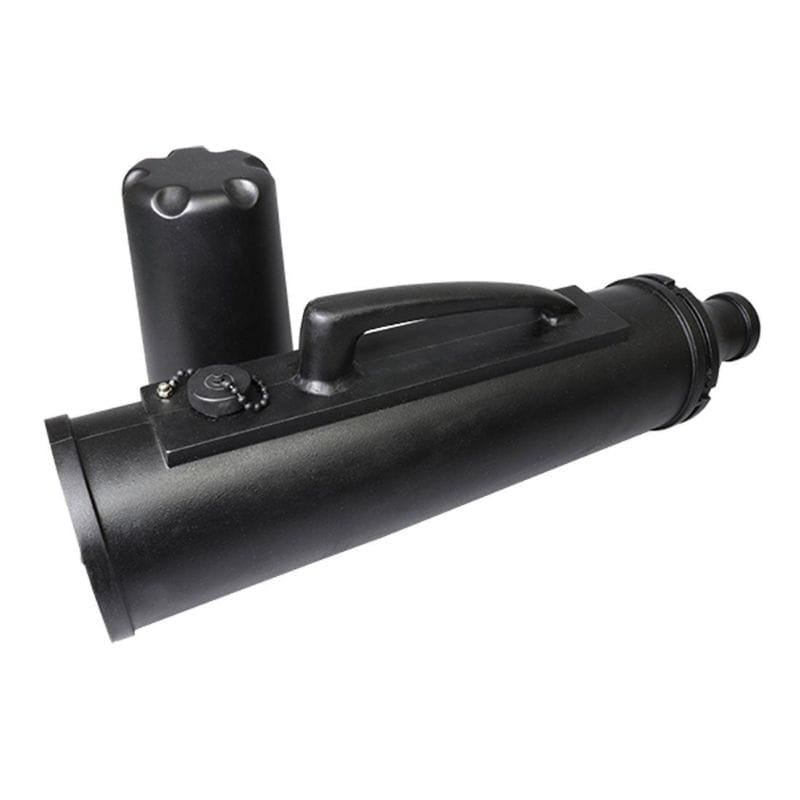 Black handheld device with cylindrical body and handle on a white background