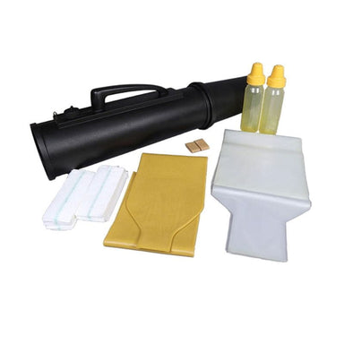 Collection of items including a black cylindrical object, yellow bottles, and various tools on a white background