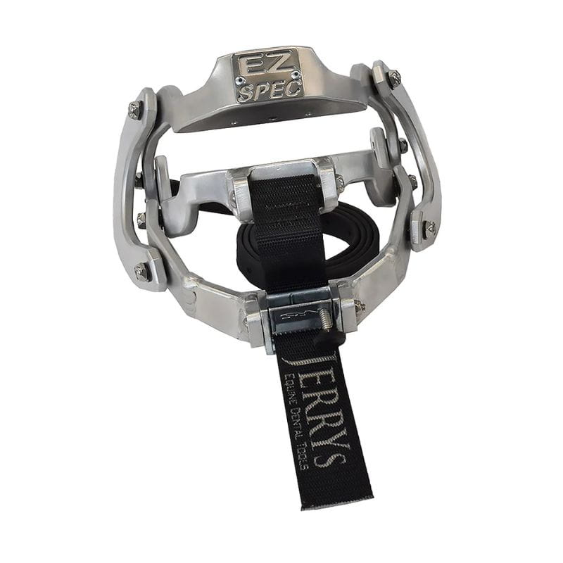 Metallic climbing device with a strap on a white background