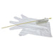 White gloves with a long thin object and a small container on a white background