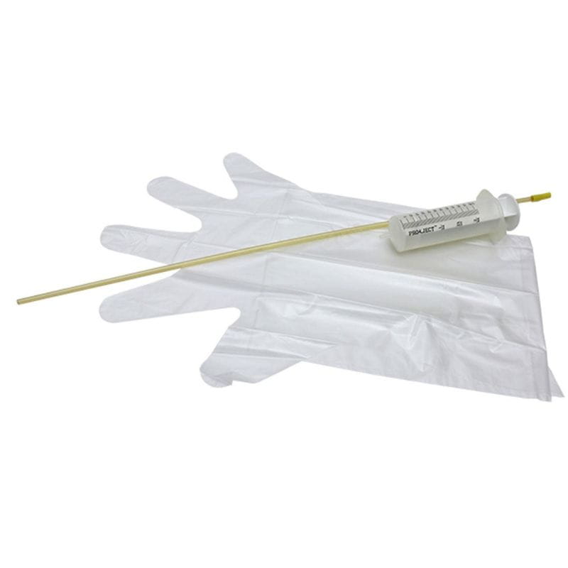 White gloves with a long thin object and a small container on a white background
