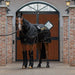 Horse wearing Impulse Line ActivoMEd Blanket in front of a brick building with wooden doors.