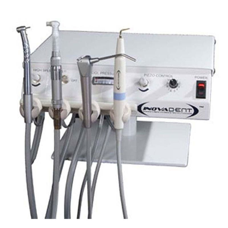 A white dental operatory unit with multiple handpieces, hoses, and control knobs on a white background. The front panel shows the brand name NOVA DENT.