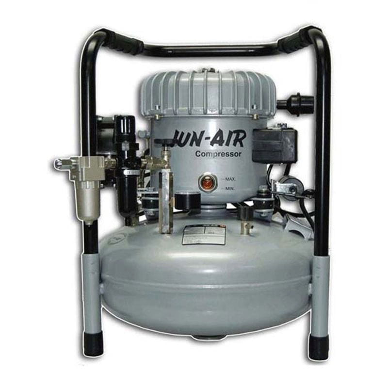 A Jun-Air compressor with a gray tank and silver aluminum cylinder, featuring a black carrying handle and black protective guards, isolated on a white background.
