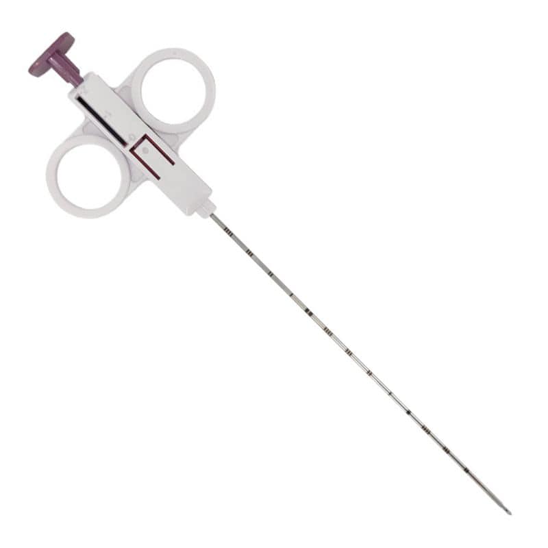 Surgical instrument with a long shaft and circular handle on a white background