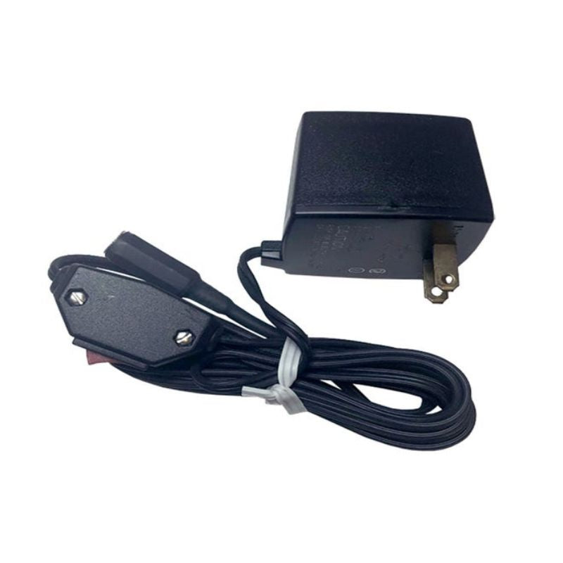Black power adapter with cable on a white background