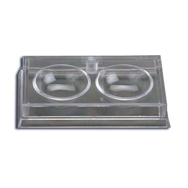 Clear plastic container with two circular compartments on a white background
