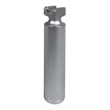 Silver metal canister with textured surface on a white background