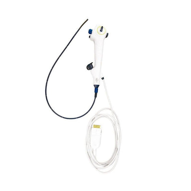 Endoscopic camera instrument with a long black flexible tube, a white handheld controller, and a coiled white cable on a plain white background.