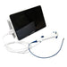 A digital endoscope camera system with a white tablet-like screen, white and blue handheld probe, and attached white cable on a plain white background.
